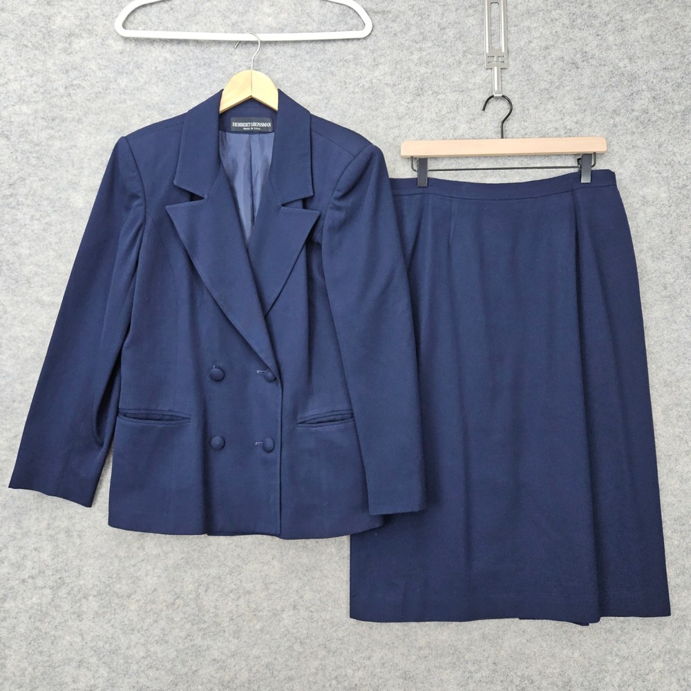 Herbert Grossman Women's Navy Skirt Suit Size 14 Vintage ILGWU Union Made FLAWS